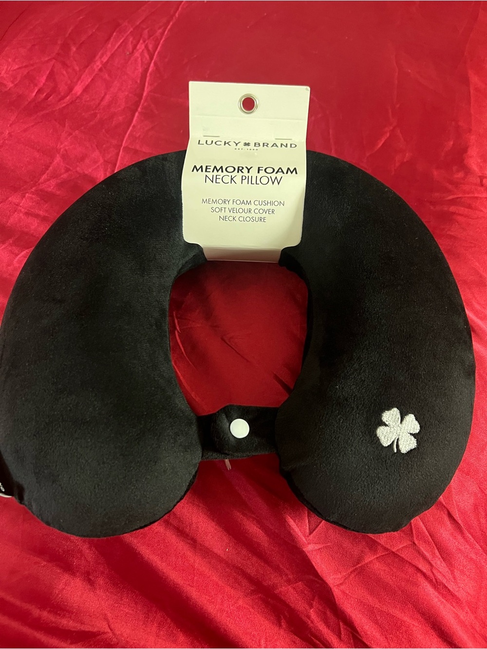 Lucky Brand Black Memory Foam Neck Pillow with Clover Accent